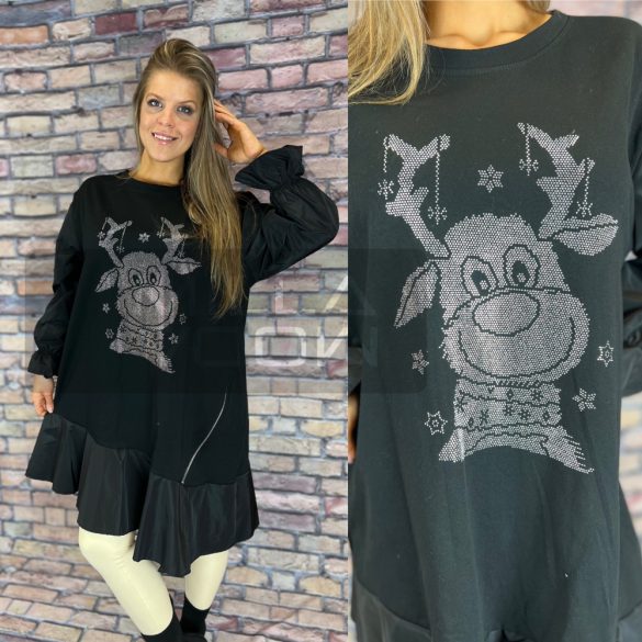 Christmas deer strassz köves alul fodros cippes pamut ruha 35182 - fekete