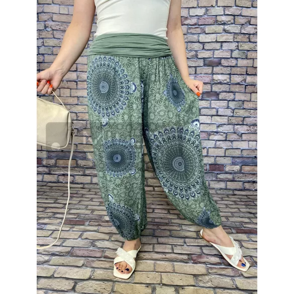 Mandala Ankara gumis derekú vékony viszkóz laza nadrág-khaki