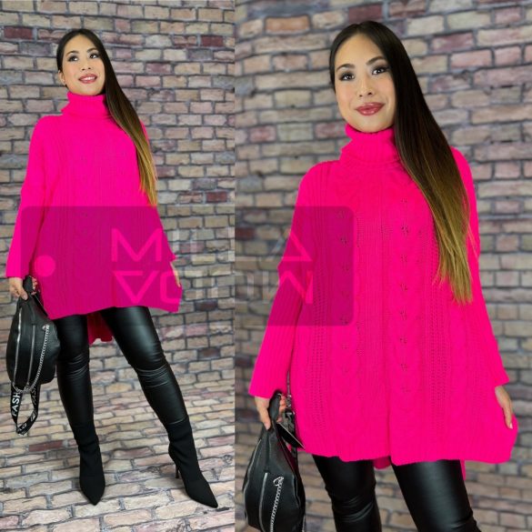 Csilla garbós, hátul hosszított, kötött pulóver 1463 -Neon pink