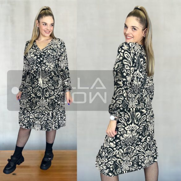 Odette derékban húzott viszkóz  ruha fodorral 7200-  fekete