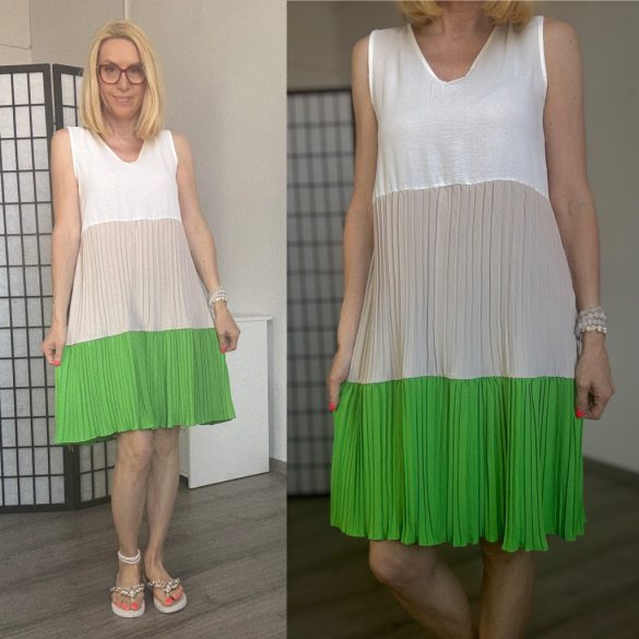 Emilia tri-colour pliszírozott ujjatlan ruha 23809-élénkzöld