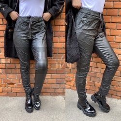 Alexandra bőrhatású gumis derekú nadrág-fekete