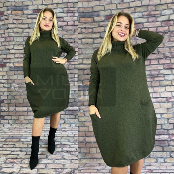 Sziéna garbós zsebes kötött ruha-khaki