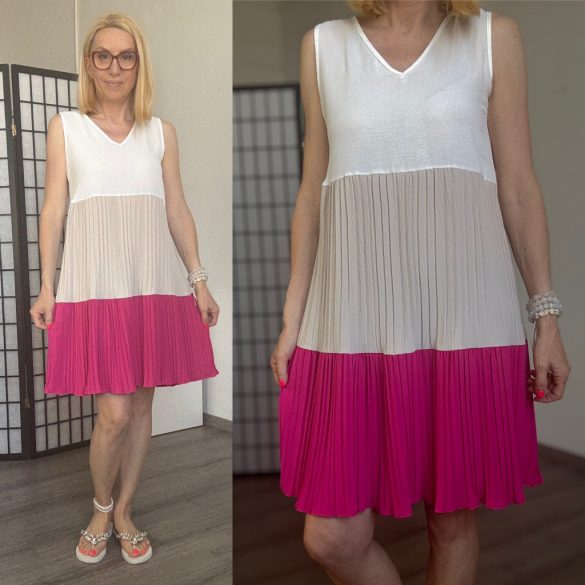 Emilia tri-colour pliszírozott ujjatlan ruha 23809-pink
