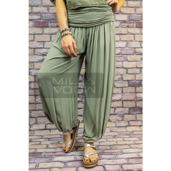Ankara gumis derekú vékony viszkóz laza nadrág-khaki zöld