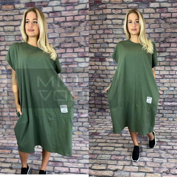 Leonid környakú pamut zsebes ruha 34341- khaki 