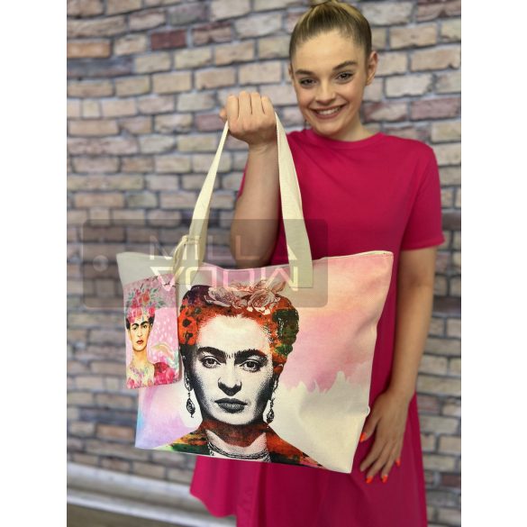 Frida Khalo vászon shopper táska ajándék neszeszerrel -bézs/rózsaszín