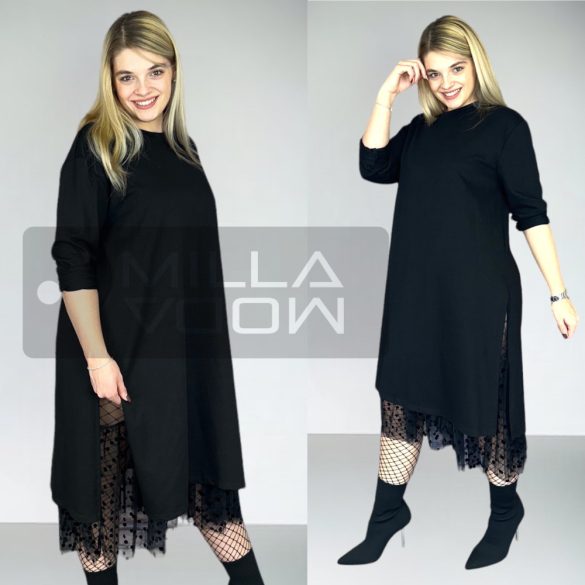 Szofiana bélelt alul csipkés fodros pöttyös pamut ruha 30909 - fekete