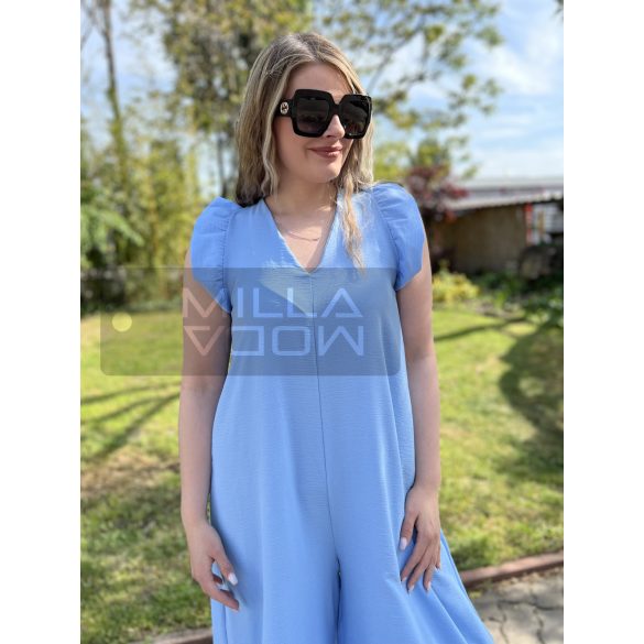 V kivágású fodros ujjú overál 28002-világoskék