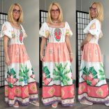 Flower palette buggyos ujjú len darázsolt maxiruha 0158 - pillangós