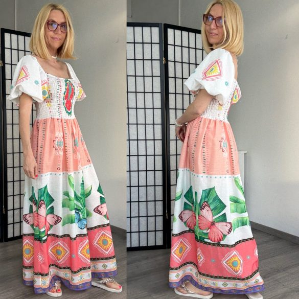 Flower palette buggyos ujjú len darázsolt maxiruha 0158 - pillangós