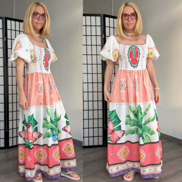 Flower palette buggyos ujjú len darázsolt maxiruha 0158 - pillangós