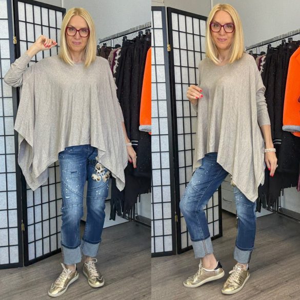 Limone hosszú ujjú asszimetrikus vékonykötött tunika 8012 - világos taupe