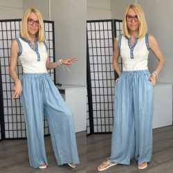  Milena farmerhatású gumis derekú viszkóz nadrág 83555 - világoskék