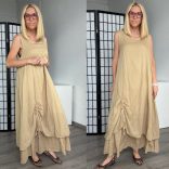 Lux Luna alul húzott ujjatlan többrétegű pamut ruha 50678 - bézs