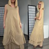 Lux Luna alul húzott ujjatlan többrétegű pamut ruha 50678 - bézs