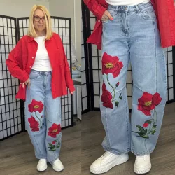   Miss Two hímzett rózsa mintás farmernadrág MS2247 - farmerkék