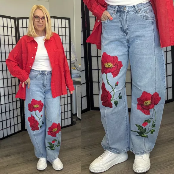 Miss Two hímzett rózsa mintás farmernadrág MS2247 - farmerkék