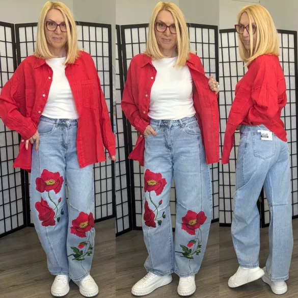 Miss Two hímzett rózsa mintás farmernadrág MS2247 - farmerkék