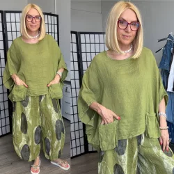   Lux Luna oversize, zsebes asszimmetrikus len felső 52526 - pisztácia