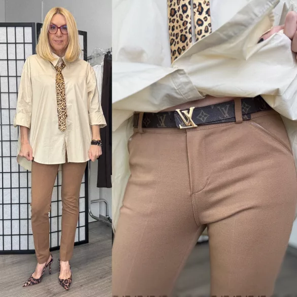 Pleasant elasztikus elegáns nadrág bőrszegélyes zsebbel 2098-camel