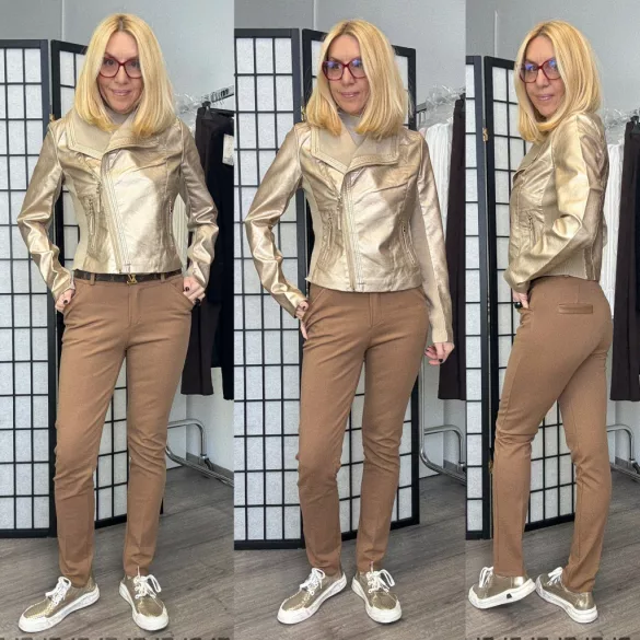 Pleasant elasztikus elegáns nadrág bőrszegélyes zsebbel 2098-camel