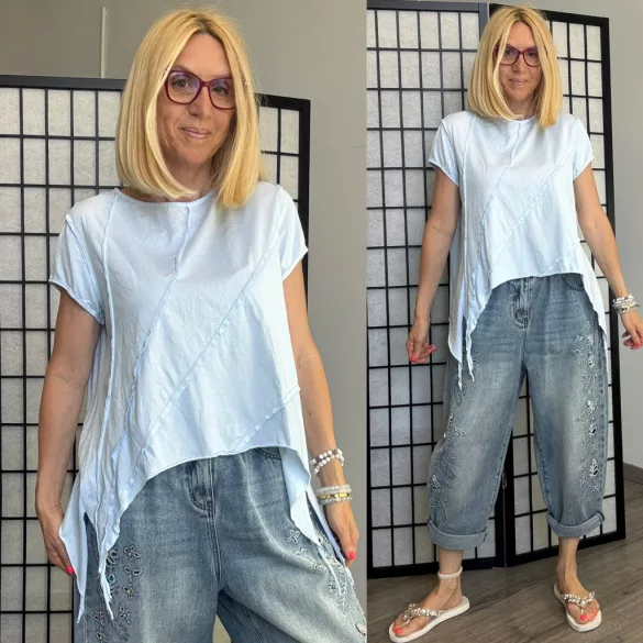 Wendy trendy lézervágott aszimmetrikus póló126023-világoskék