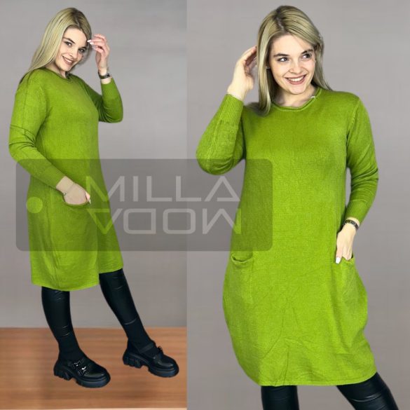 Sziéna környakú zsebes kötött ruha 7866 - oliva