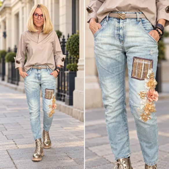 S Woman elasztikus virágos farmer SW1408-világoskék