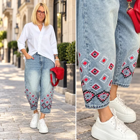 Wendy Trendy geometrikus etno hímzéses farmer 926029- világoskék