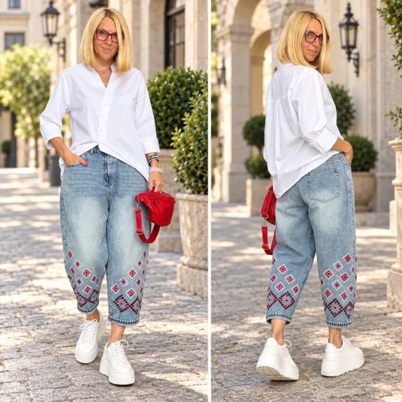 Wendy Trendy geometrikus etno hímzéses farmer 926029- világoskék