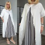 Vintage rövid ujjú csíkos vászon ruha 3307 - fehér