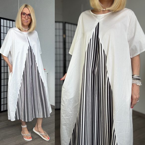 Vintage rövid ujjú csíkos vászon ruha 3307 - fehér