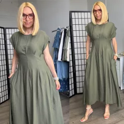   Milana szűkített fazonú, hátul gumis viszkóz ruha 8010 - khaki