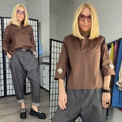 Beauty Woman V nyakú vászon blúz BW055-009-csokibarna