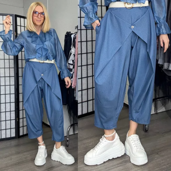 Lux Luna elől átlapolt gombos farmerhatású nadrág övvel 5181-középkék