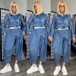 Lux Luna elől átlapolt gombos farmerhatású nadrág övvel 5181-középkék