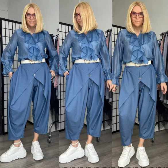 Lux Luna elől átlapolt gombos farmerhatású nadrág övvel 5181-középkék