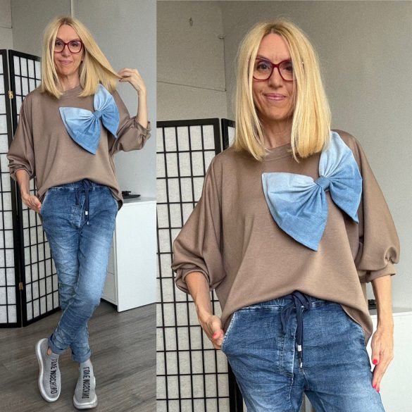 S Woman buggyos ujjú felső farmer masnival M160-taupe