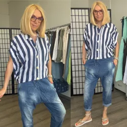   Zeta Otto csíkos, húzott ujjú len ing 21218/2 - sötétkék / fehér