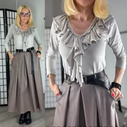 Lux Luna V kivágású fodros pamut felső 51022-taupe