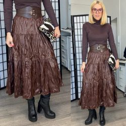 Remix gyűrt vegánbőr szoknya5027-camel