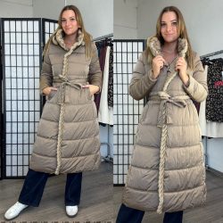   Oslo szőrmebetétes hosszú, kapucnis kabát övvel 2919 - taupe