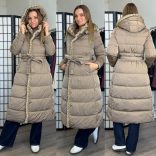 Oslo szőrmebetétes hosszú, kapucnis kabát övvel 2919 - taupe