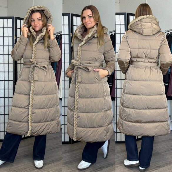 Oslo szőrmebetétes hosszú, kapucnis kabát övvel 2919 - taupe