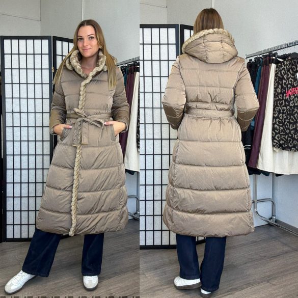 Oslo szőrmebetétes hosszú, kapucnis kabát övvel 2919 - taupe