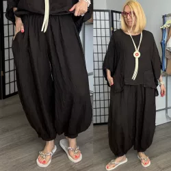   Lux Luna deréknál és alul is gumis, buggyos len nadrág 52510 - csokibarna