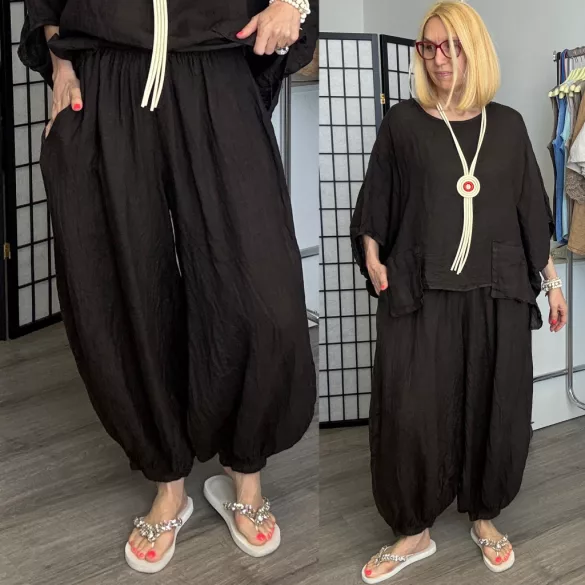 Lux Luna deréknál és alul is gumis, buggyos len nadrág 52510 - csokibarna