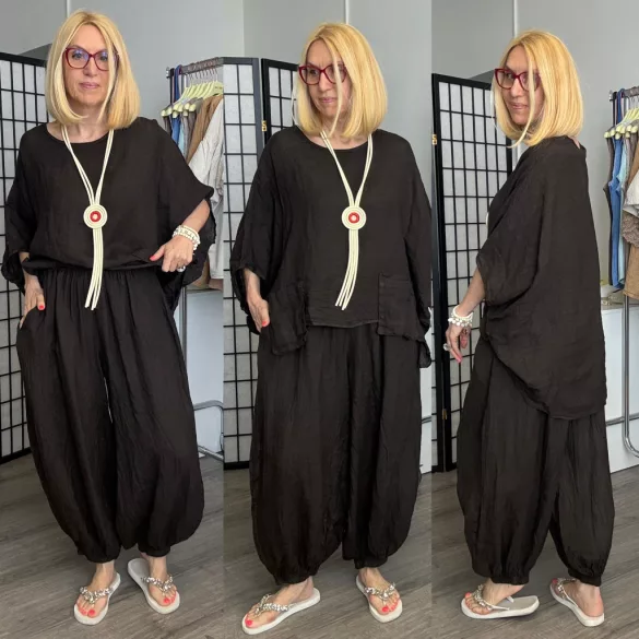 Lux Luna deréknál és alul is gumis, buggyos len nadrág 52510 - csokibarna