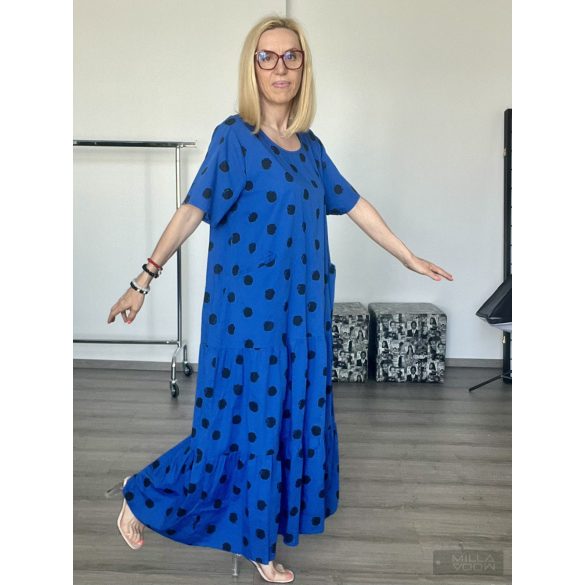 NC Pöttyös zsebes vászon ruha23126-királykék